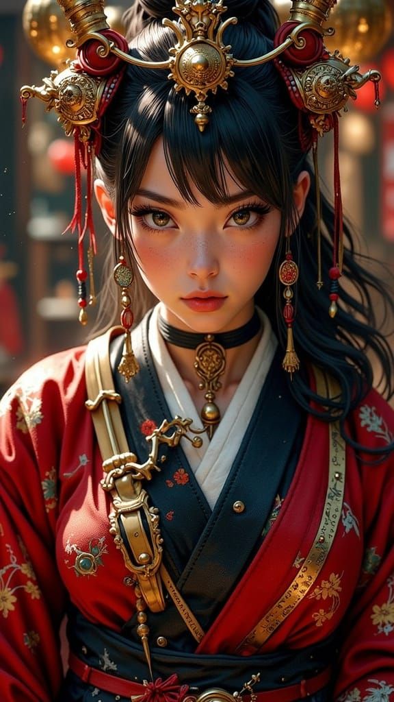 Powerful Japanese Warrior Princess Smirking in Ornate Samura...