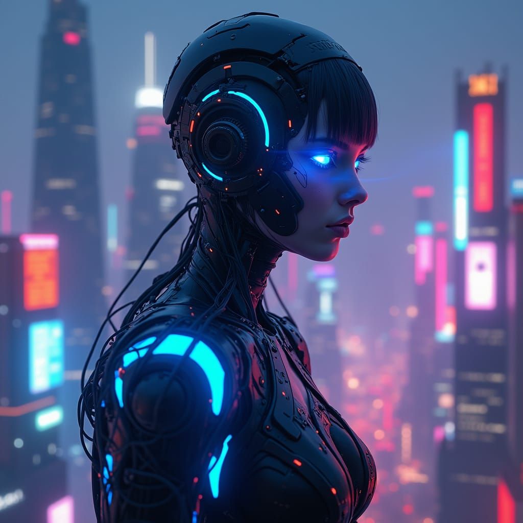 Cybernetic Human in Neon Cityscape