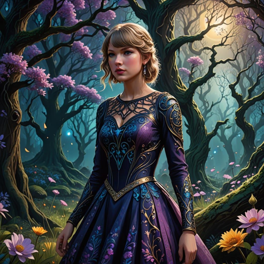 Taylor Swift in Mystical Moonlit Forest, Fantasy Concept Art