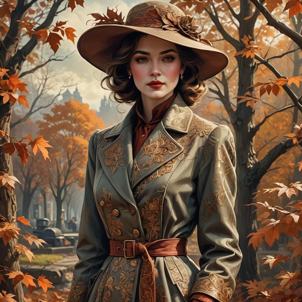 Vintage Woman in Autumn Landscape: Digital Oil Painting