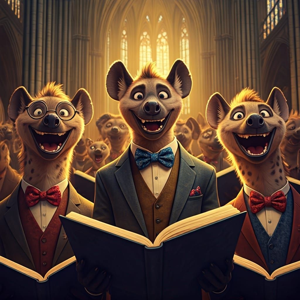 Hyena Choir in Cathedral, Pixar-Style 3D Render
