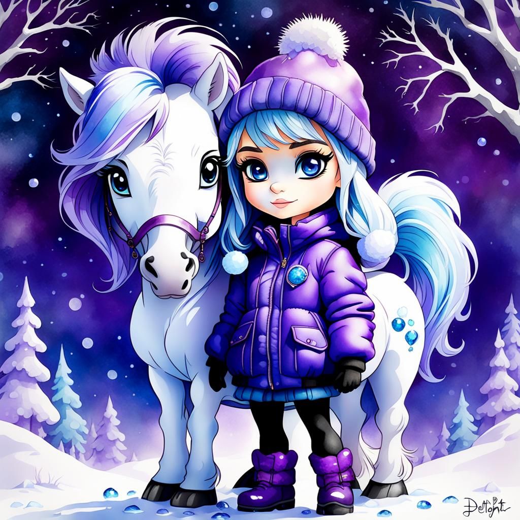 Disney Style Chibi Girl with Pony, Digital Art