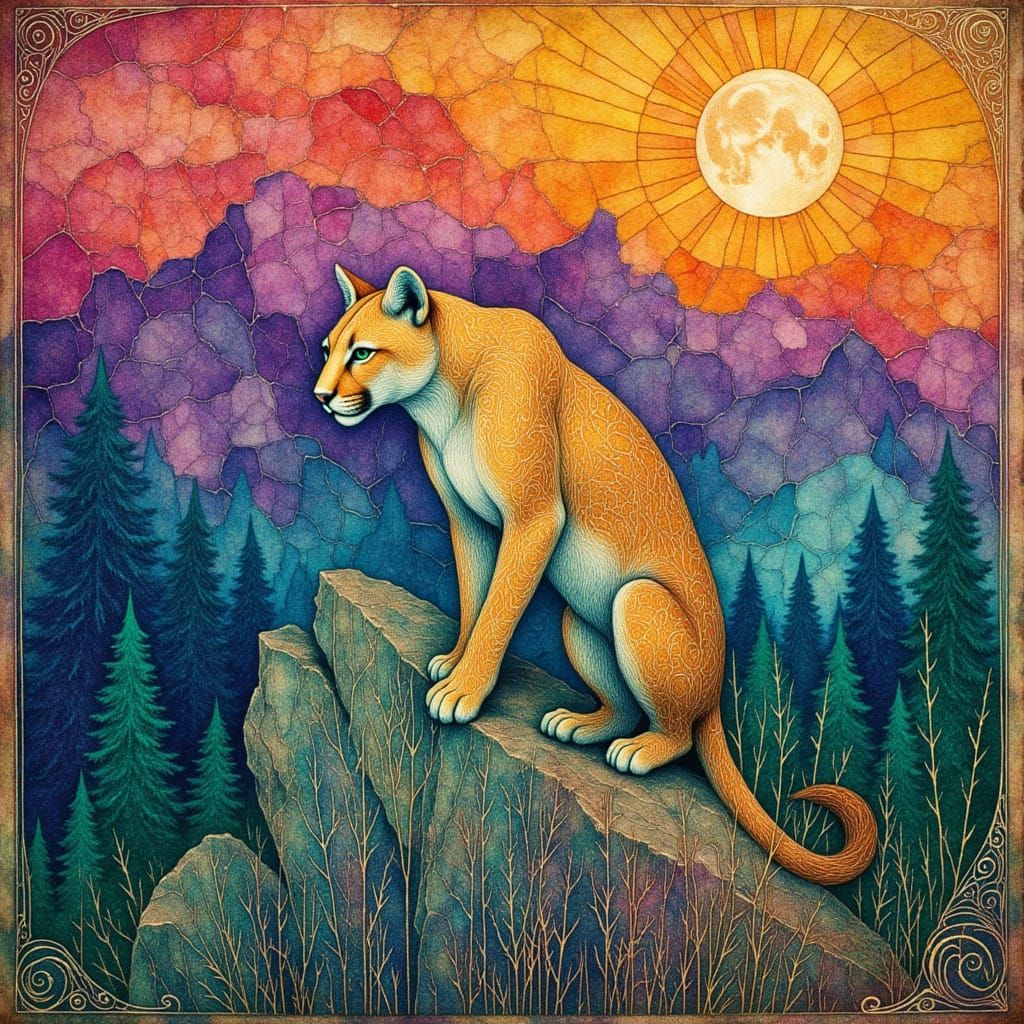 mountain lion atop a forested craggy cliff. Extraordinary in...