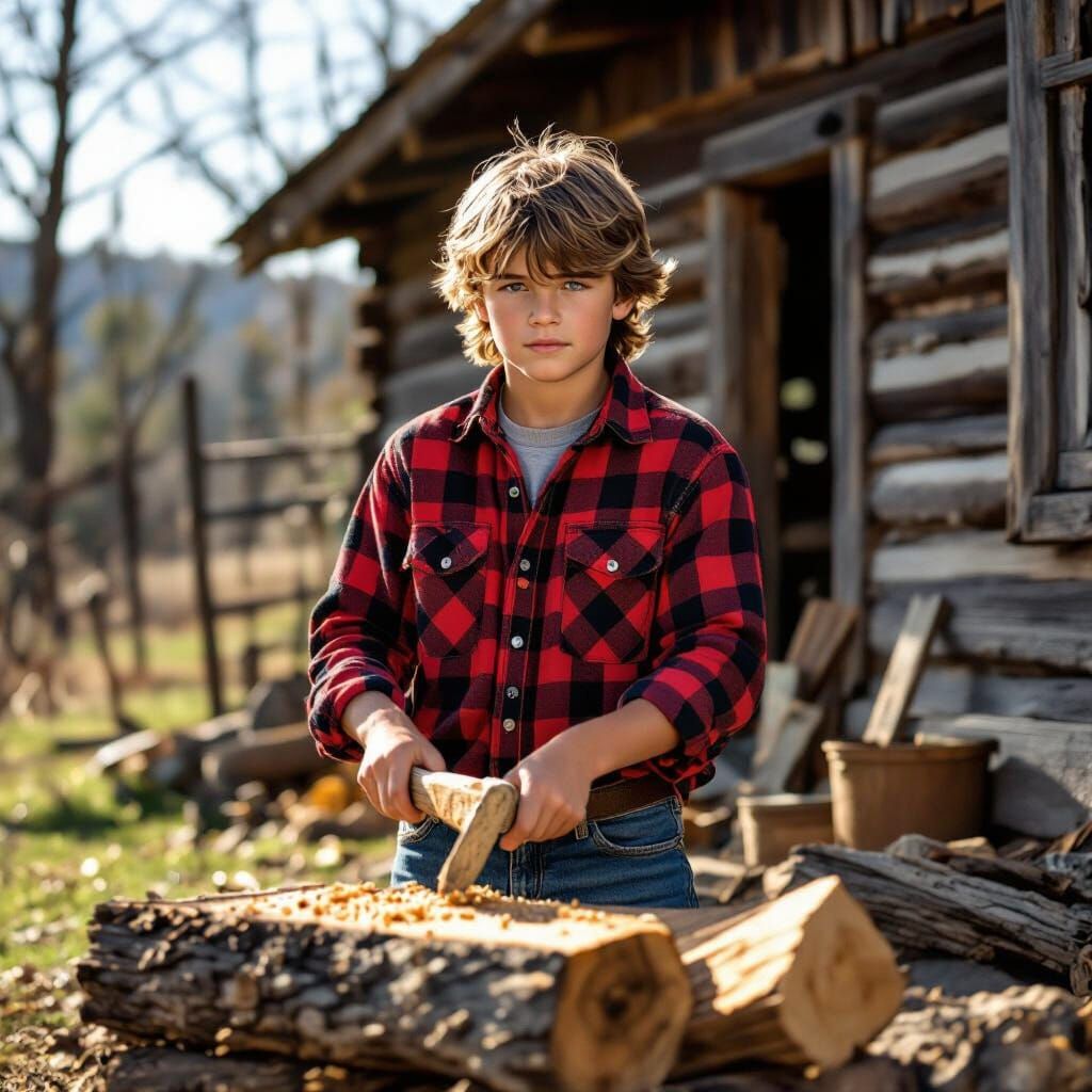 Boy Chopping Wood in Sunny Rustic Scene