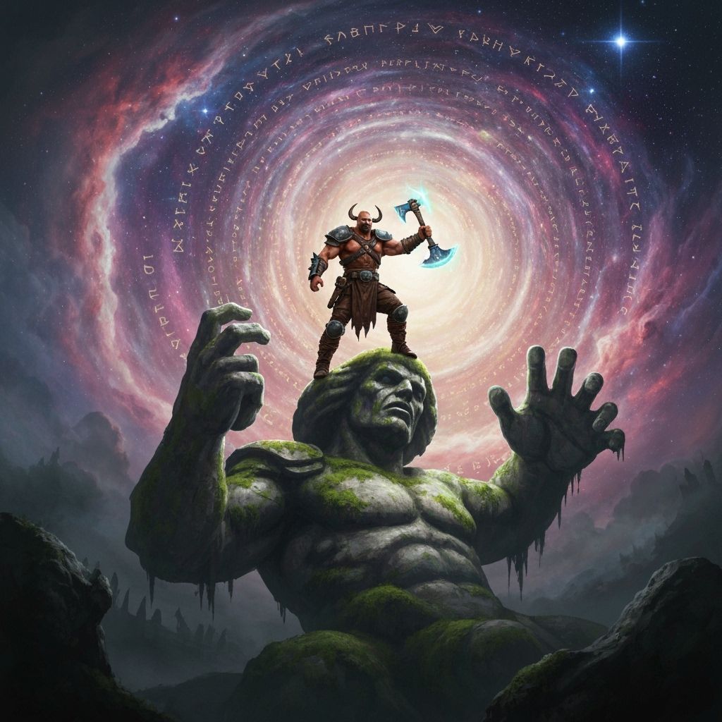 Barbarian Warrior on Ancient Statue Under Cosmic Sky