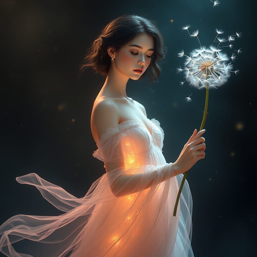 Ethereal Woman with Dandelion in Dreamlike Setting
