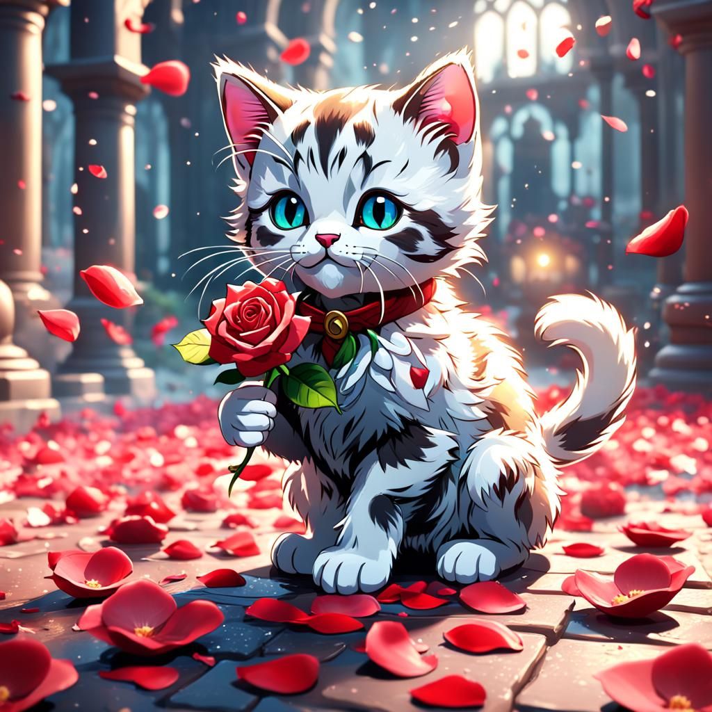 Kitten Playing with Roses: Detailed Fantasy Art