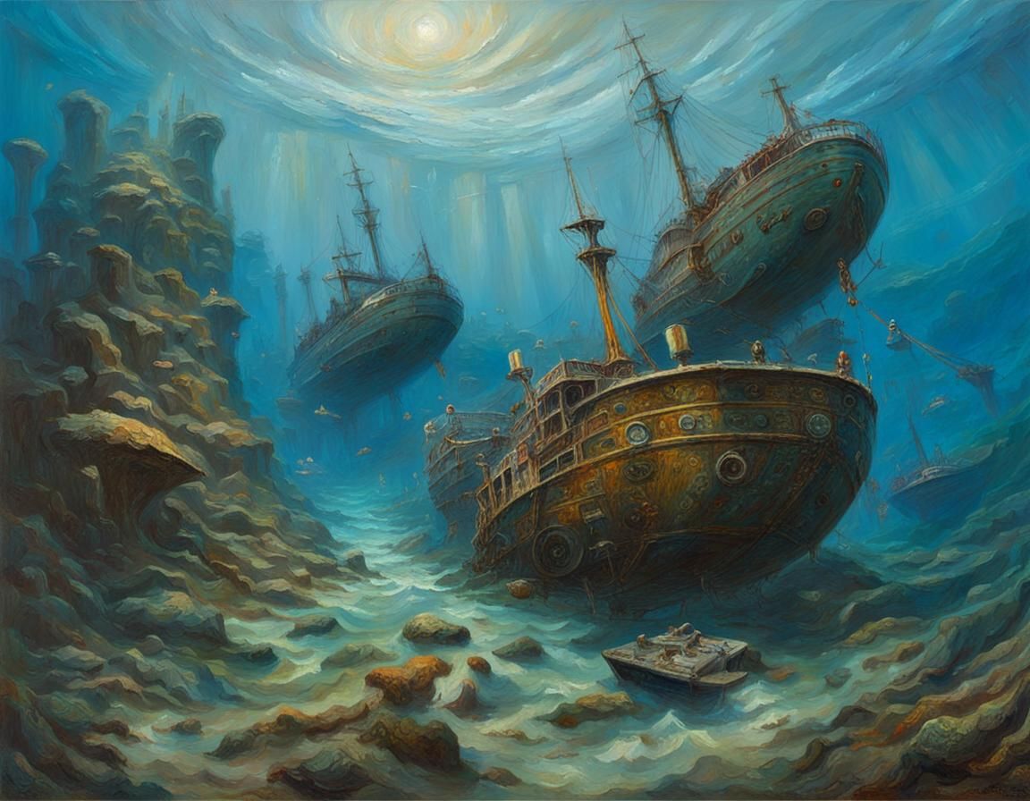 Sunken Vessels in the Deep Sea: Oil Painting