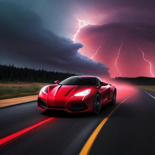 Futuristic Car Navigating Red Thunderstorm