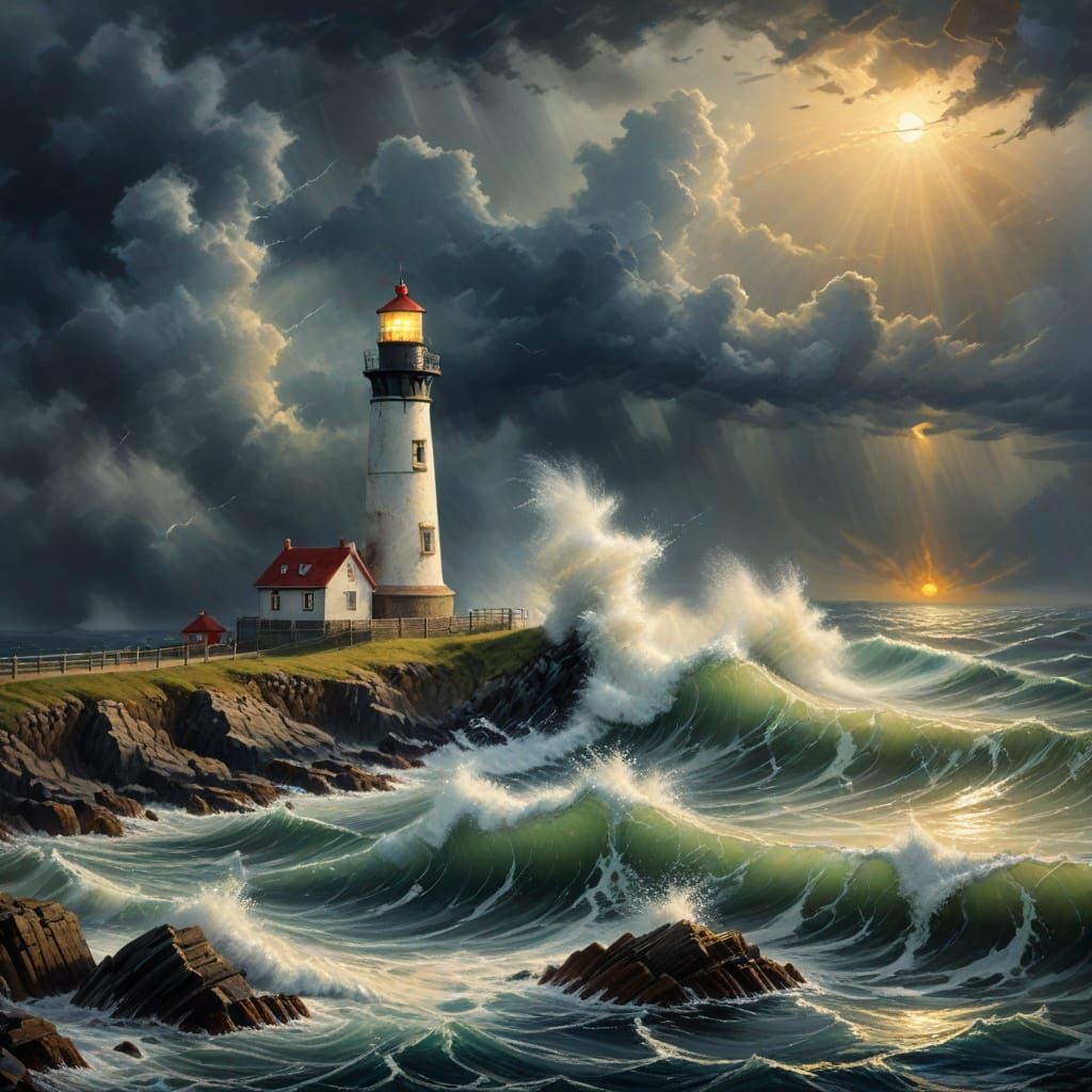 Impasto Oil Painting of Lighthouse in Stormy Seas