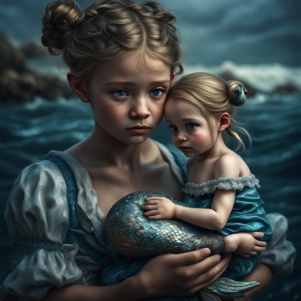 Girl with Mermaid Under the Sea in HDR