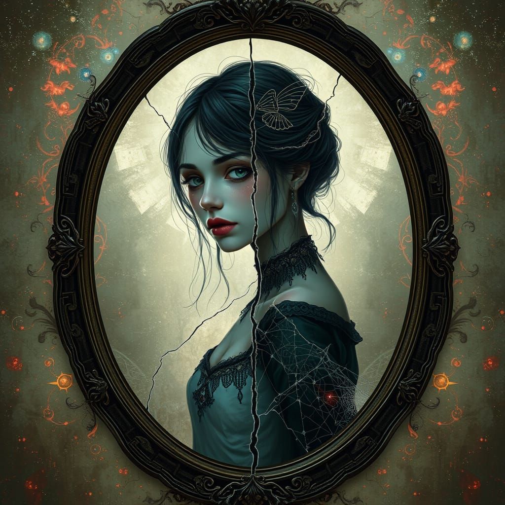 Gothic Woman Reflected in Shattered Mirror as Cosmic Astral ...