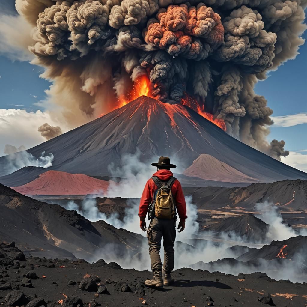 Pirate Confronts Volcanic Eruption in Detailed Matte Paintin...