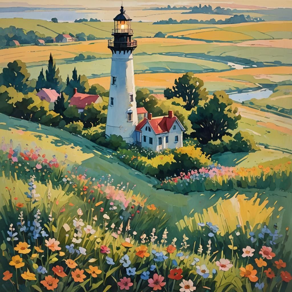Impressionist Lighthouse in Field of Flowers at Sunset
