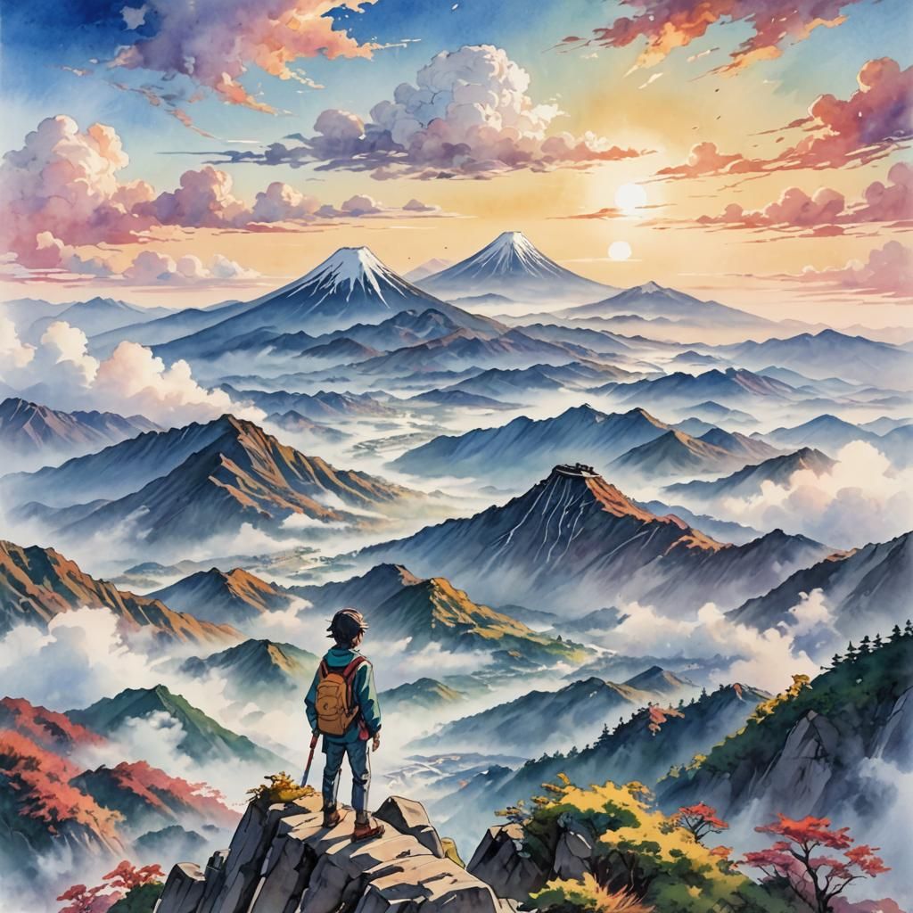 Japanese Traveler at Mountain Summit in Anime Art