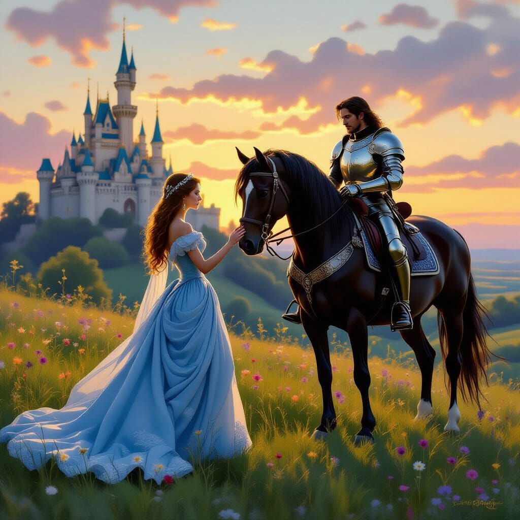 Princess Farewell To Knight Before Castle At Sunset