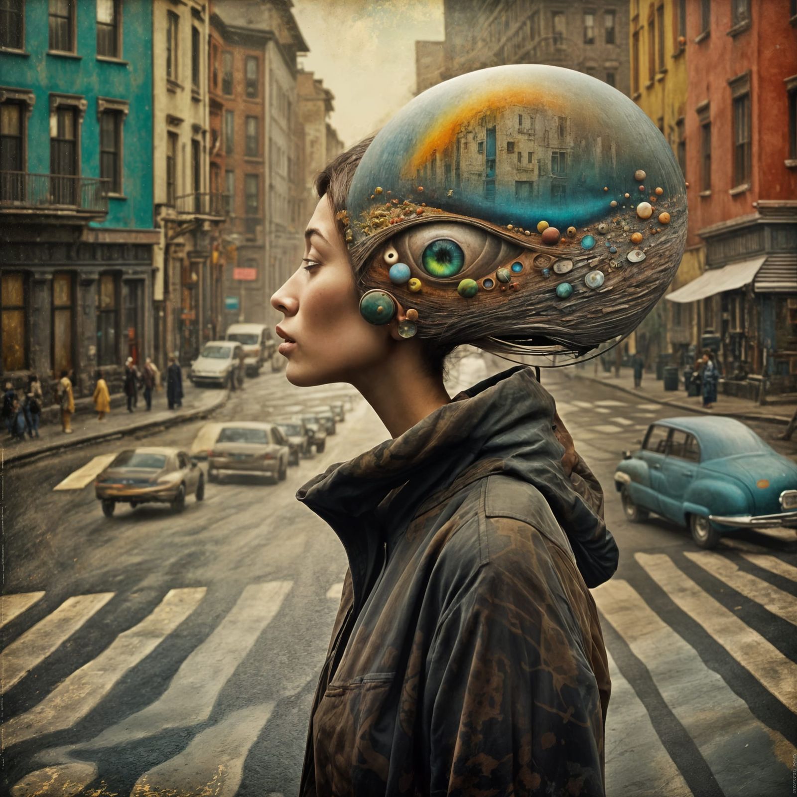 Polychromatic Abstract Cityscape with Alien Pets