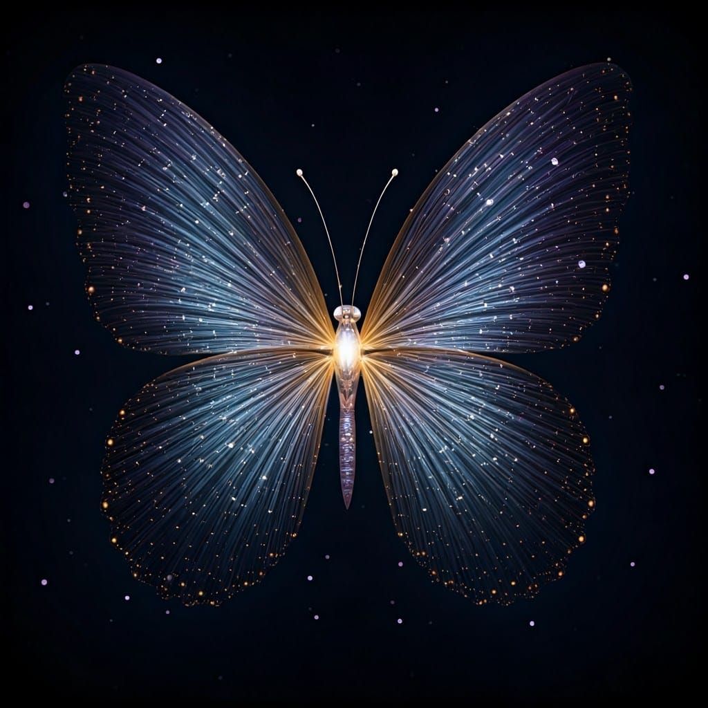 Ethereal Blue and Gold Butterfly in Neon-Lit Futurism
