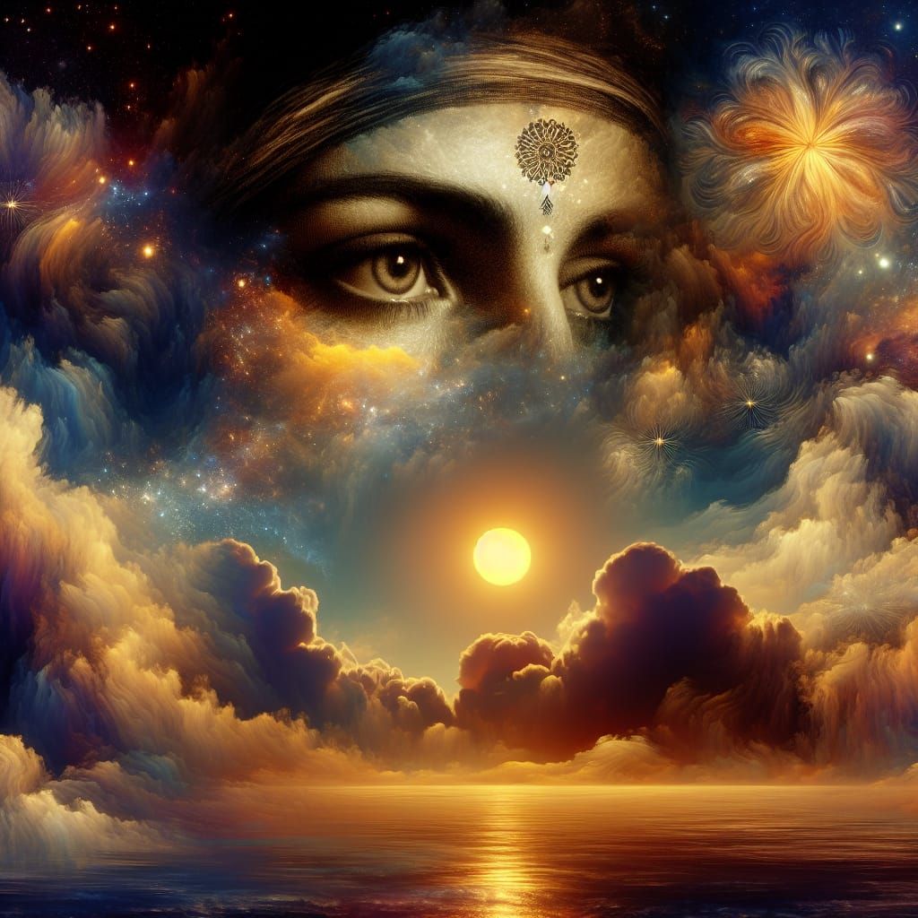 Celestial Scene with Rushing Clouds and Distant Eyes