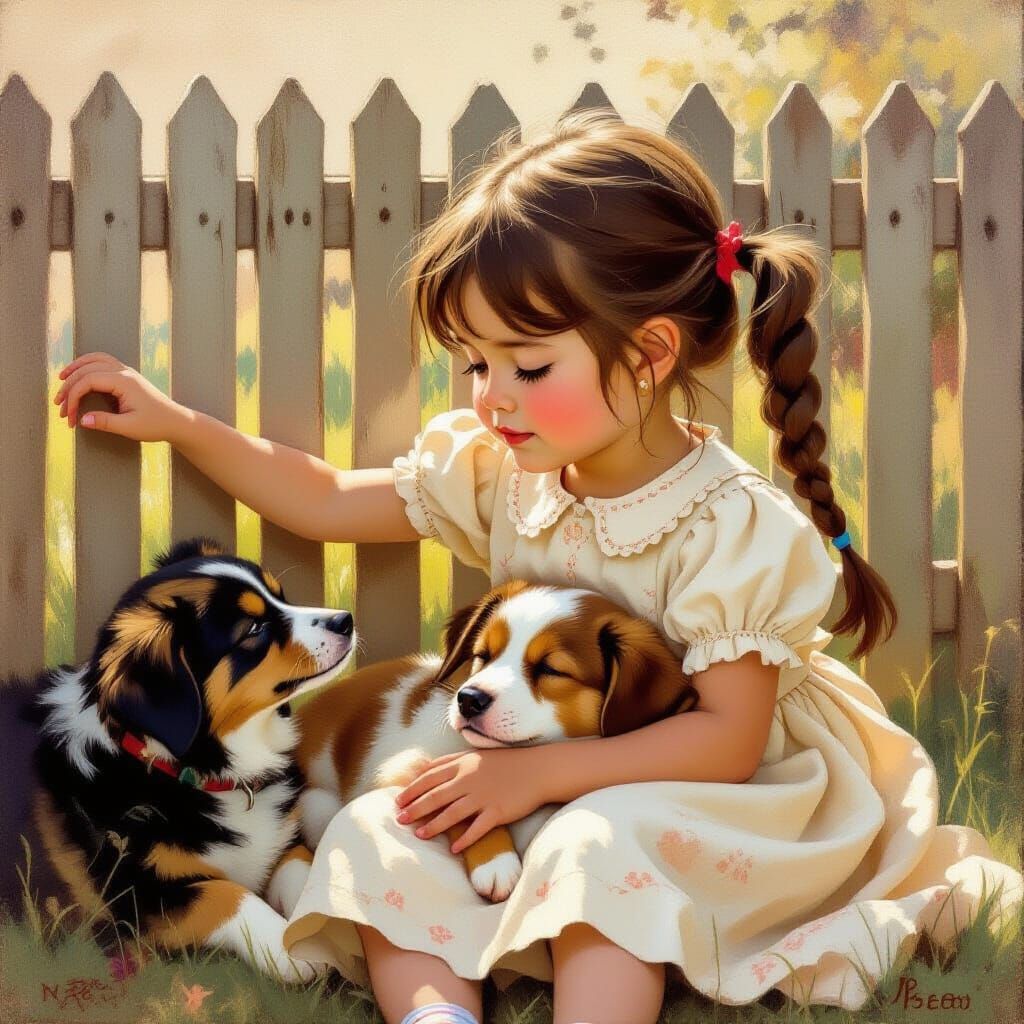 Little Girl Finds Comfort With Dogs in Warm Painterly Style