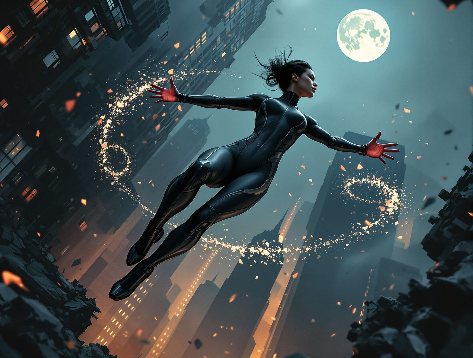Heroine Bends Gravity Above Cityscape in Illustrative Realis...