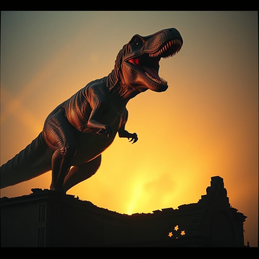 Epic T-Rex Roar on Gothic Ruins: Cinematic Film Still