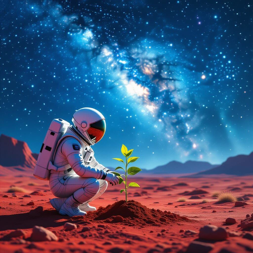 Astronaut Plants Seedling on Alien Planet Under Nebula Sky