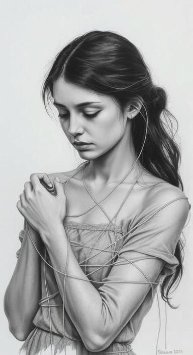 Introspective Woman: Surreal Graphite Drawing Portrait