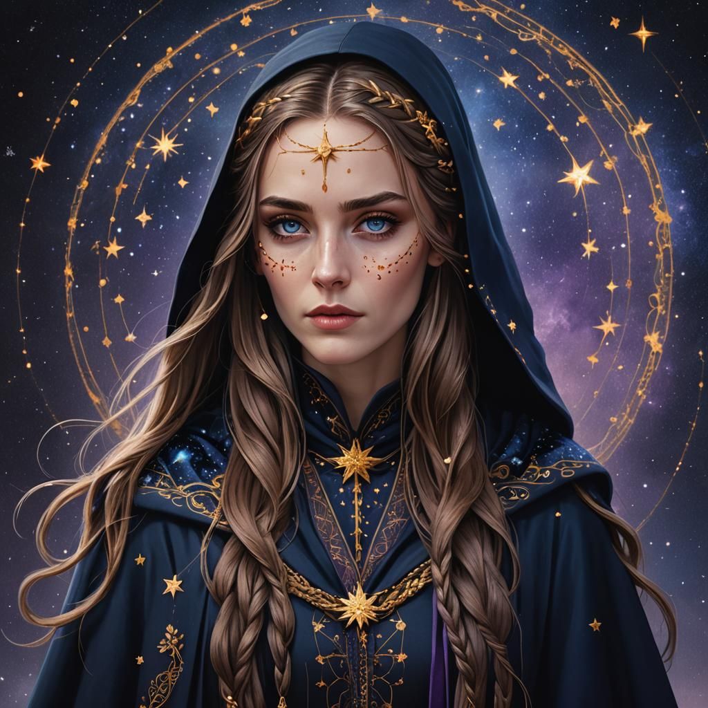 Woman in Starry Cloak: Epic Fantasy Portrait