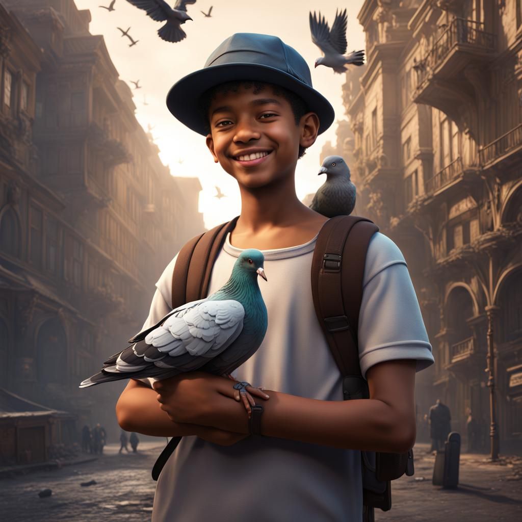 Teenage Boy with Pigeon, Detailed Matte Painting