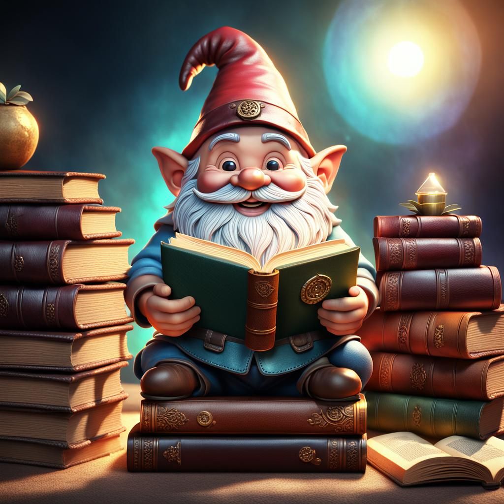 Happy Gnome with Books in 3D Digital Art