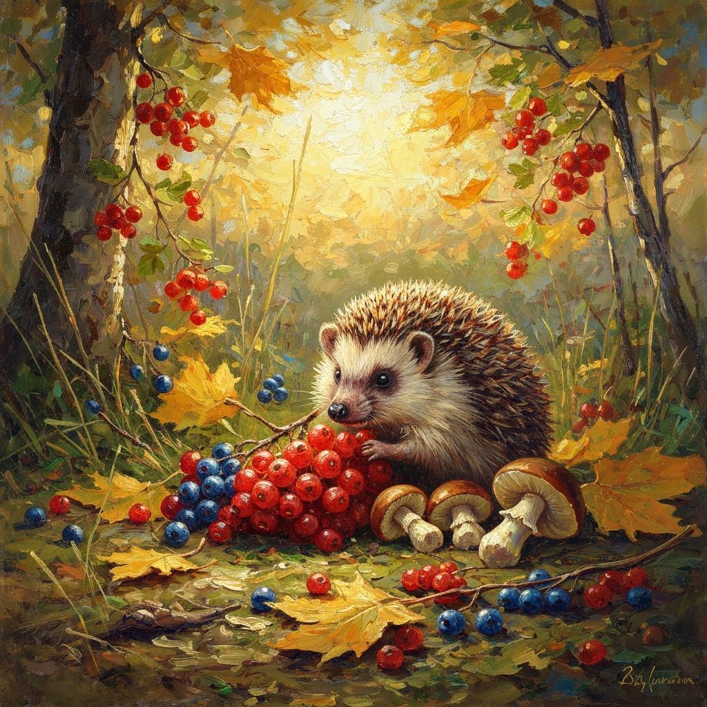 Hedgehog's Autumn Harvest in Golden Hour Light