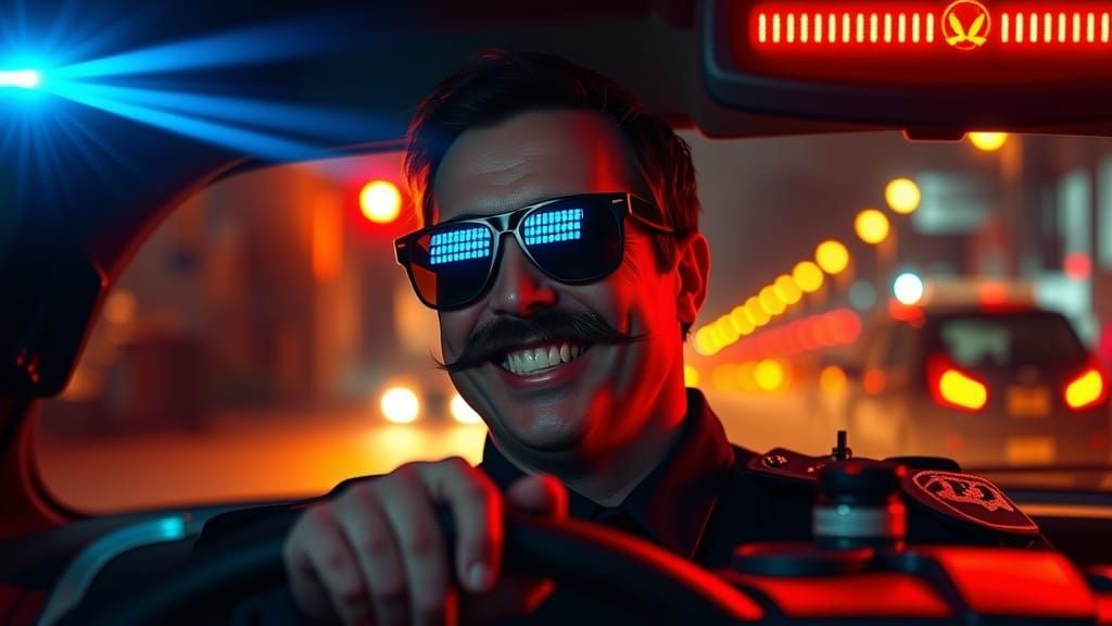 Mustached Officer Dances in Patrol Car