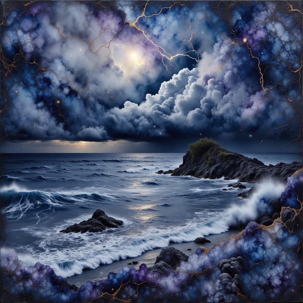 Watercolor Marble Sea and Island Under Stormy Night Sky