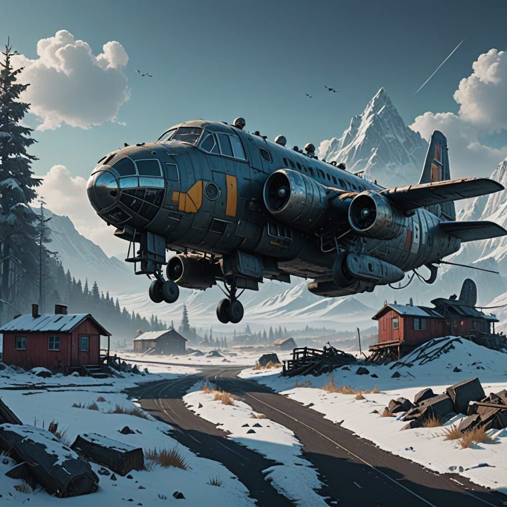 Frostpunk-Inspired Airplane in a Mystical Icy Landscape