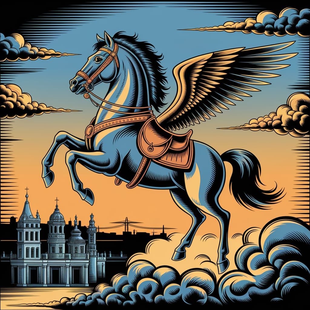 Dieselpunk Flying Horse in a Vintage Sky