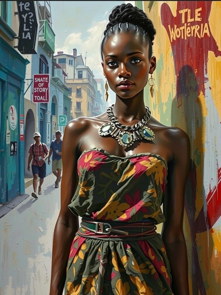 African Warrior Woman in Impressionist Urban Landscape