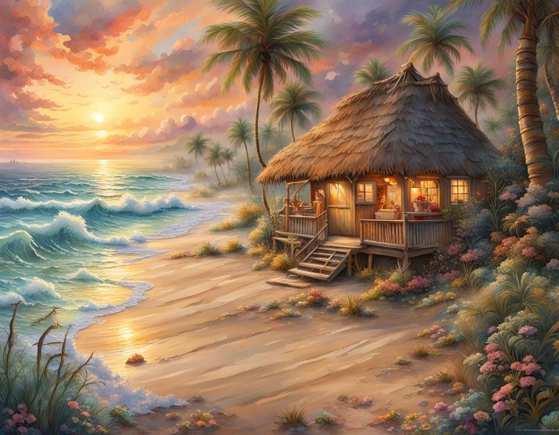 Tropical Beach Paradise Watercolor Art