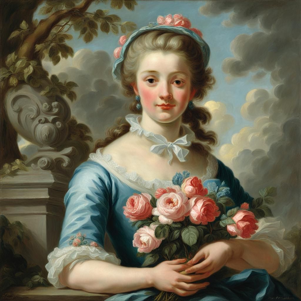 Young Woman with Roses in Rococo Style