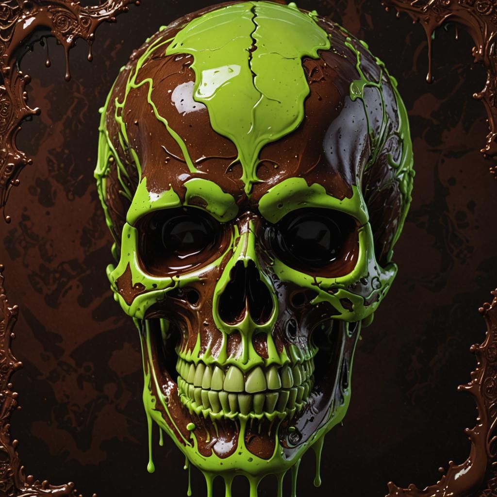 Fluorescent Green Skull with Chocolate, Hyperrealistic Splas...