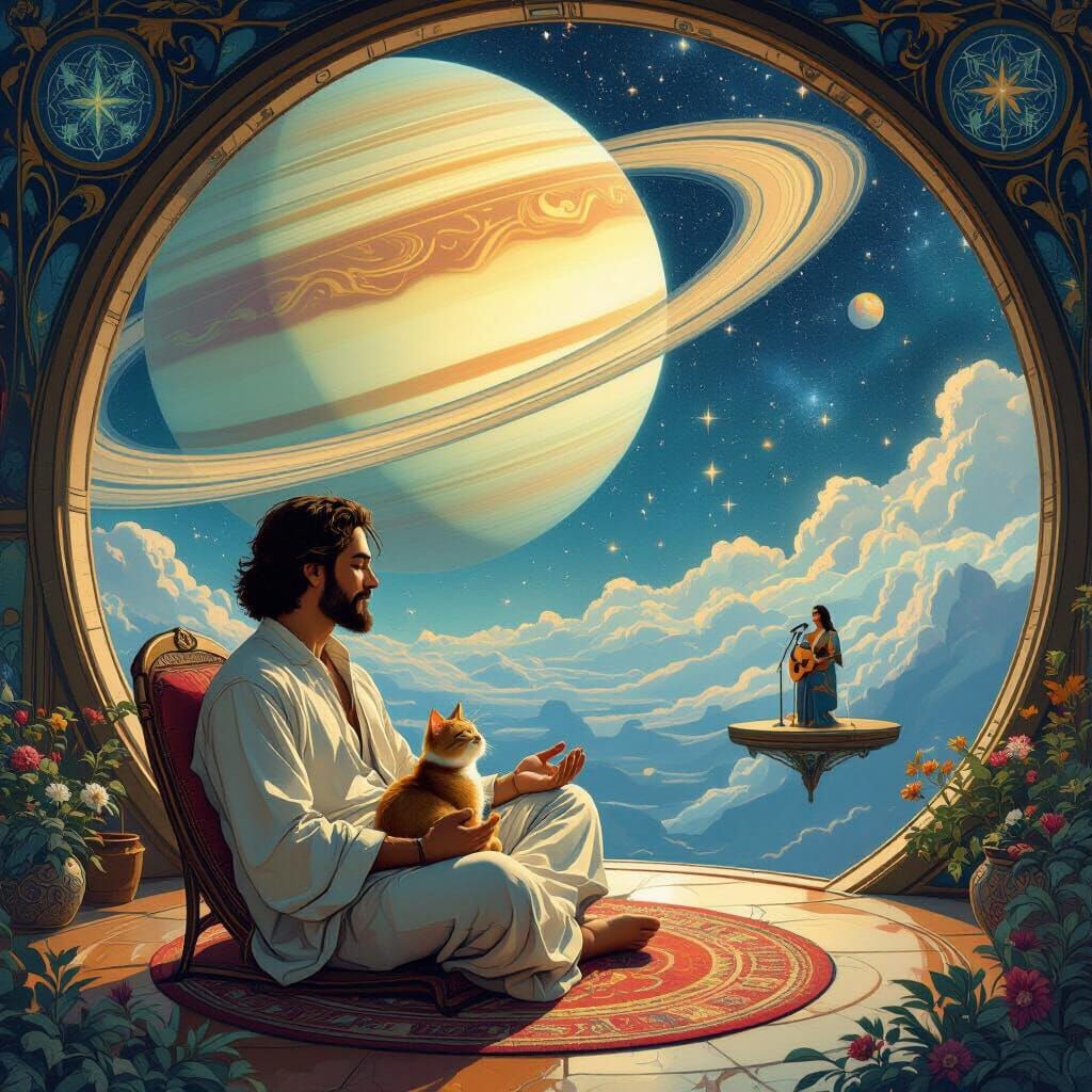 Man Meditating with Cat in Cosmic Bar, Art Nouveau Style