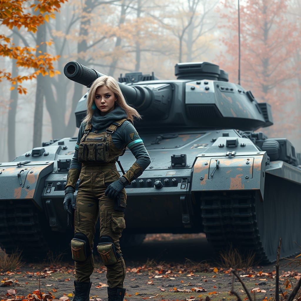 Heroic Soldier in Autumn Camo Gear Stands Beside Sci-Fi Tank...