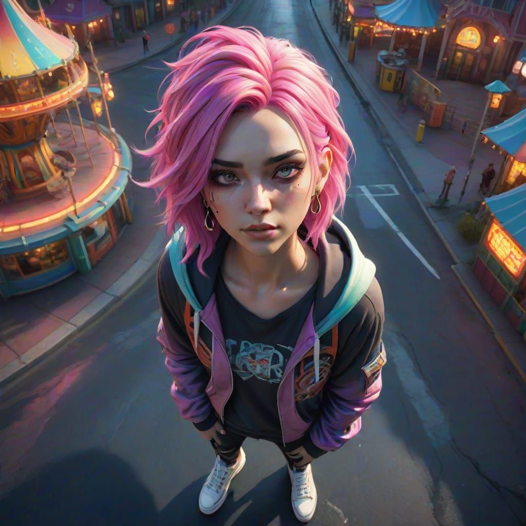 Confident Rock Singer in Whimsical Amusement Park