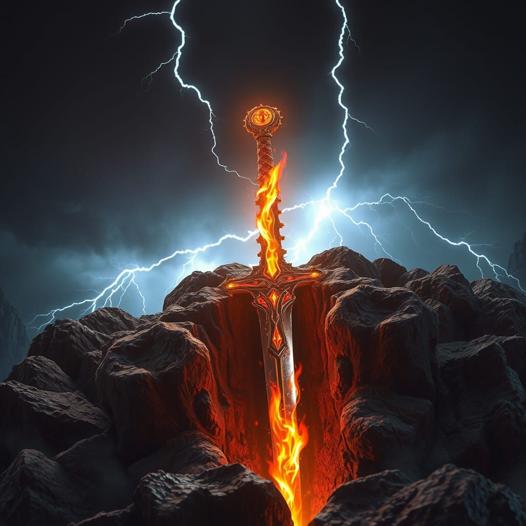 Ancient Flame-Sword Plunged into Weathered Rock
