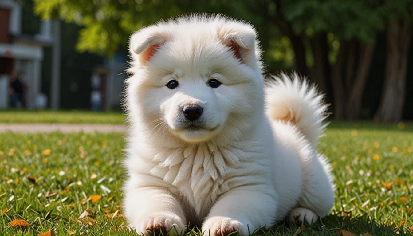 Fluffy Samoyed Puppy in a Green Meadow