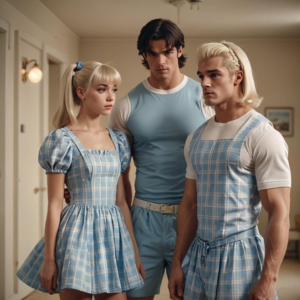 Courted Bodybuilder in Babydoll Dress: Cinematic Film Still