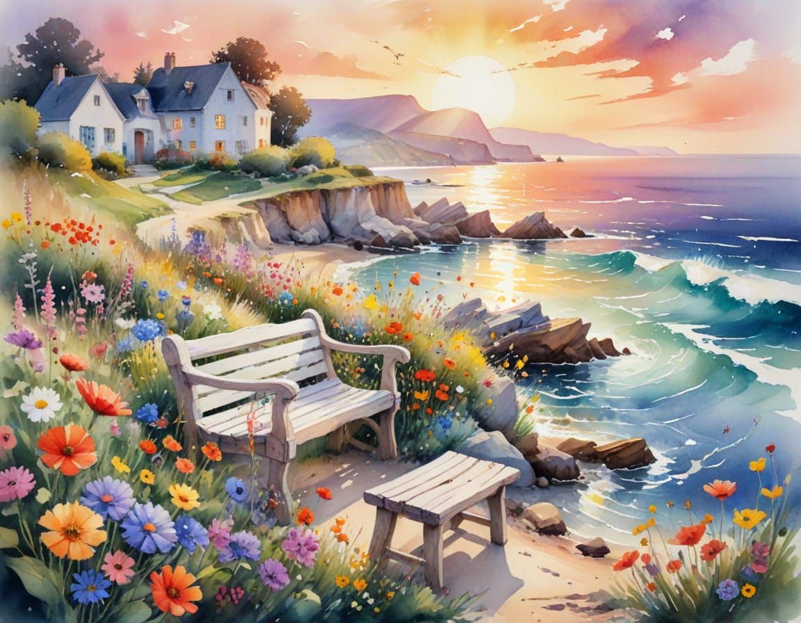 Whimsical Seaside Cove Painting at Golden Hour