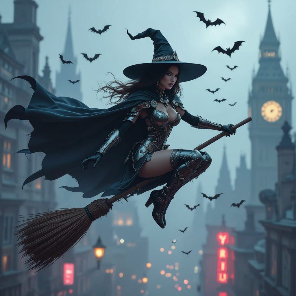Cyberpunk Witch Soars Over London in Sci-Fi Style