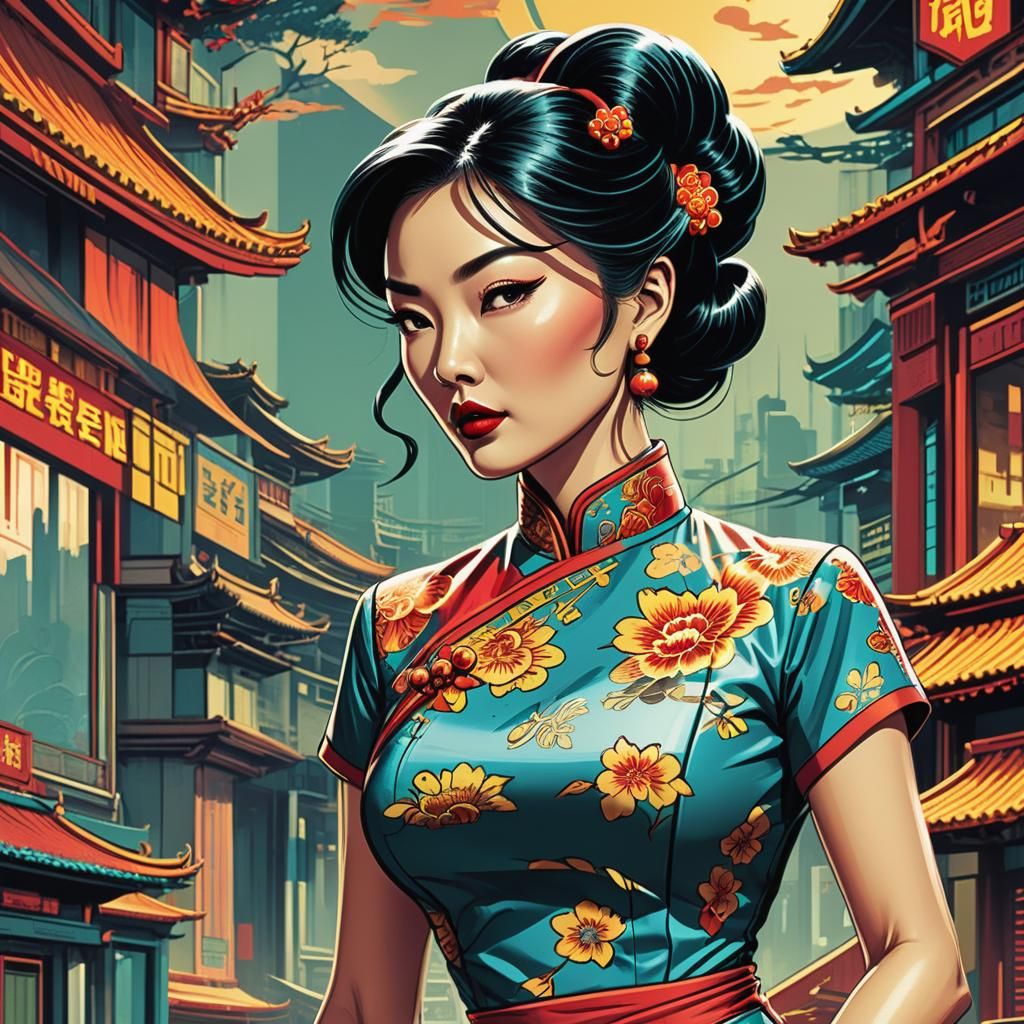 Woman in Qipao: Retro Comic Book Illustration