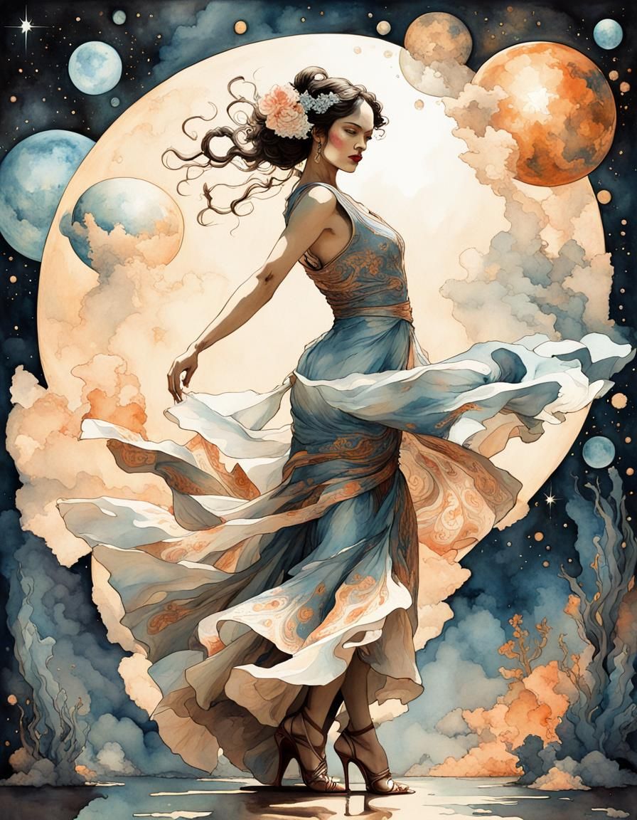 Cosmic Flamenco Dancer in Watercolor Style